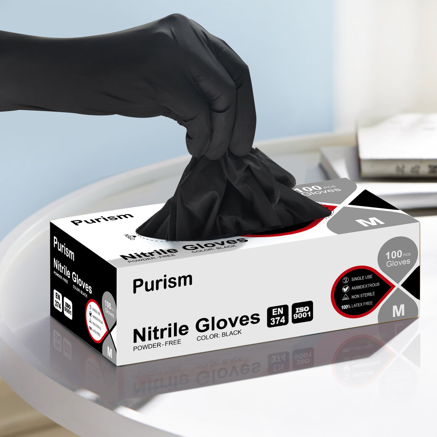 Purism Black Nitrile Gloves, 4mil Size S/M/L/XL, 100 pcs/box,1000pcs/carton, Powder-free, Latex free, Free shipping to US
