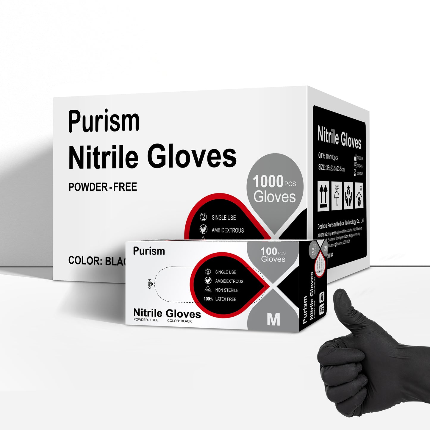 Purism Black Nitrile Gloves, 4mil Size S/M/L/XL, 100 pcs/box,1000pcs/carton, Powder-free, Latex free, Free shipping to US