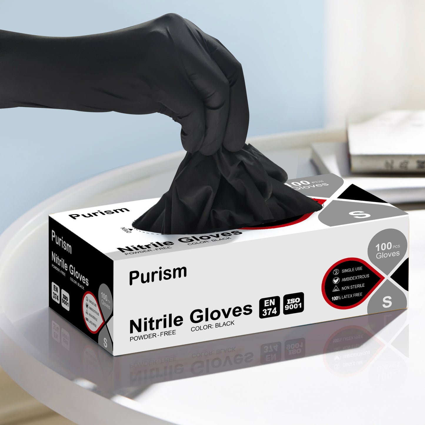 Purism Black Nitrile Gloves, 4mil Size S/M/L/XL, 100 pcs/box,1000pcs/carton, Powder-free, Latex free, Free shipping to US