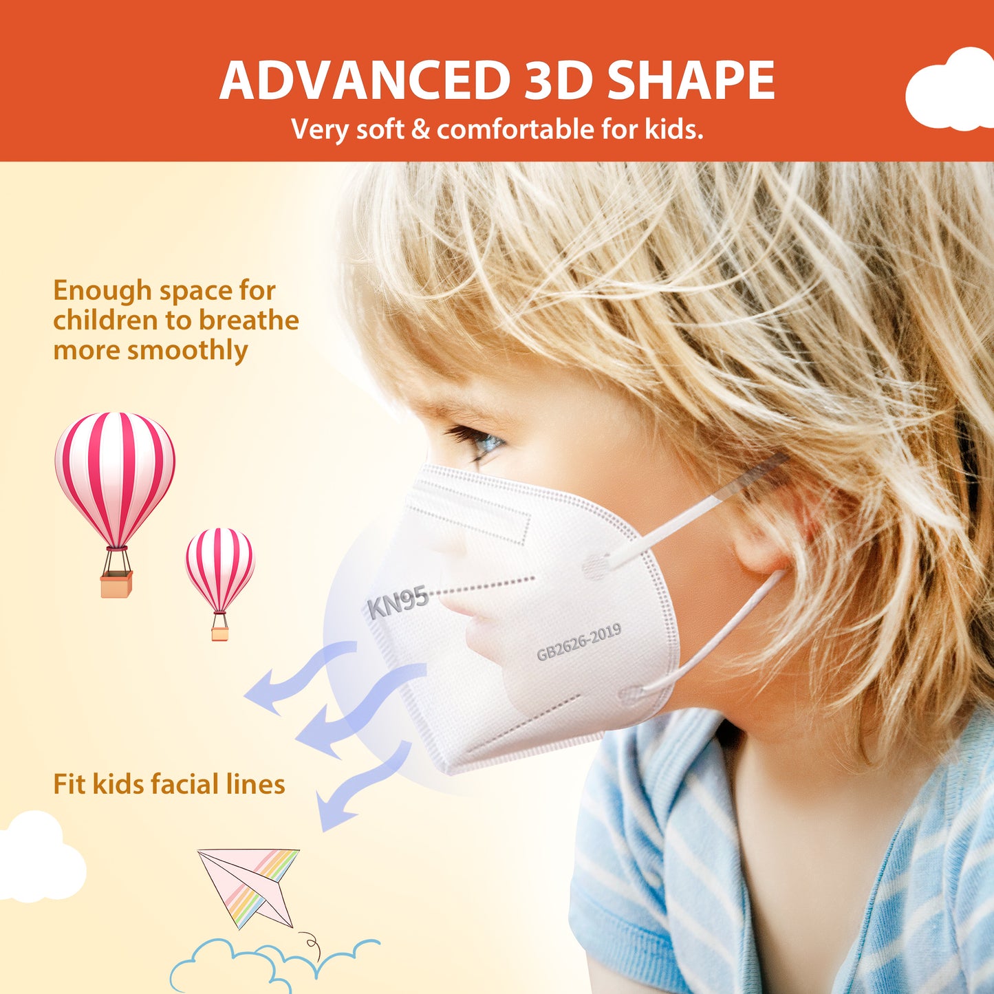 Kids KN95 Face Mask White, Disposable Use 30pcs/box, 5-Layer Protective Face Mask for children, 30pcs/150pcs/300pcs/600pcs