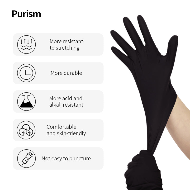 Purism Black Nitrile Gloves, 4mil Size S/M/L/XL, 100 pcs/box,1000pcs/carton, Powder-free, Latex free, Free shipping to US