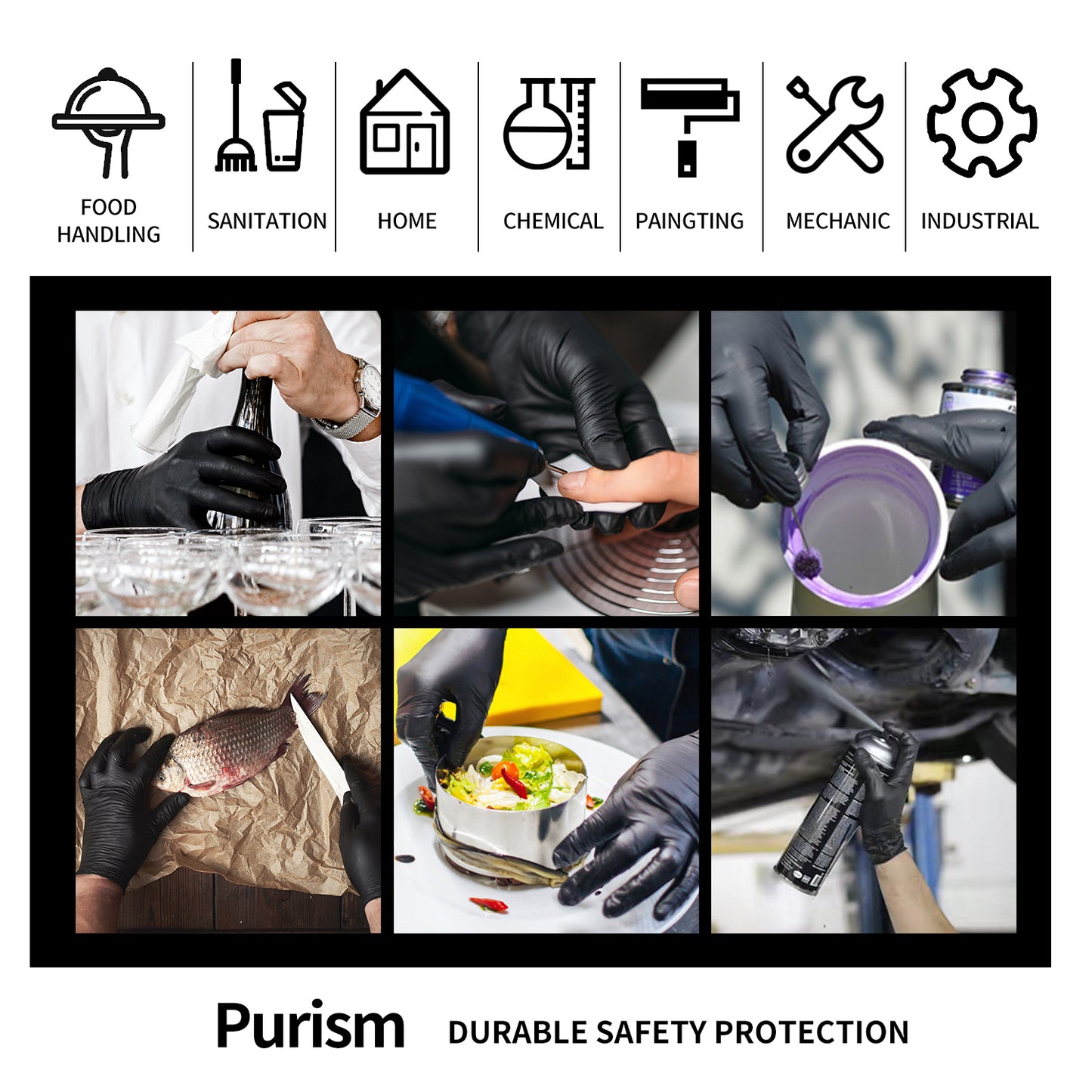 Purism Black Nitrile Gloves, 4mil Size S/M/L/XL, 100 pcs/box,1000pcs/carton, Powder-free, Latex free, Free shipping to US